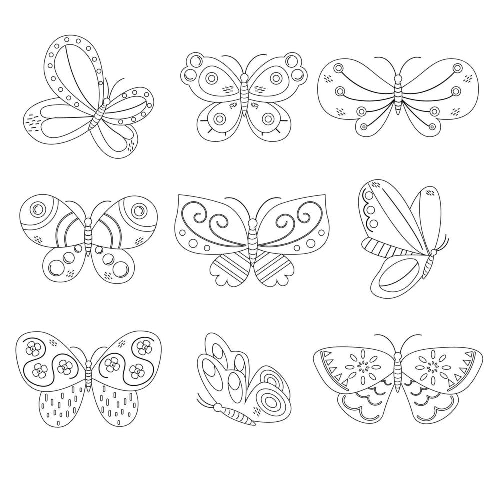 colección de diferentes contornos de mariposas en colores pastel. vector