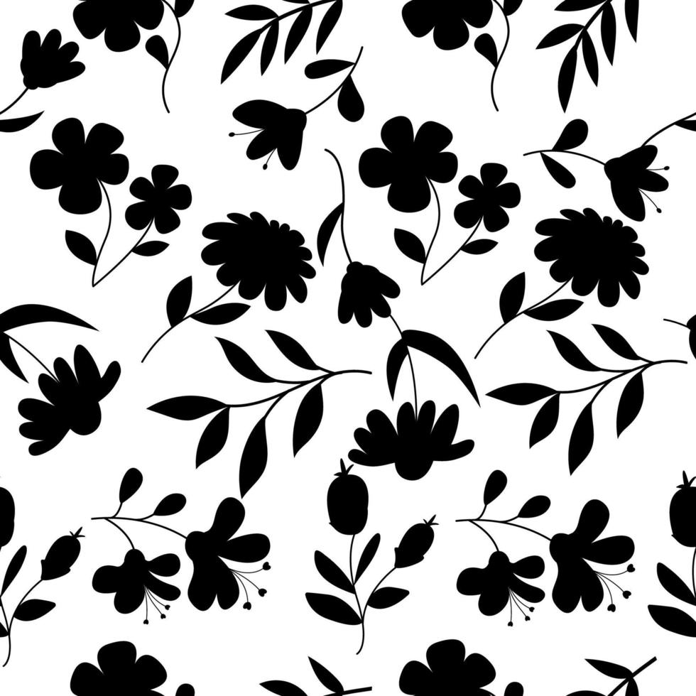 Seamless pattern silhouette of flowers and leaves. vector