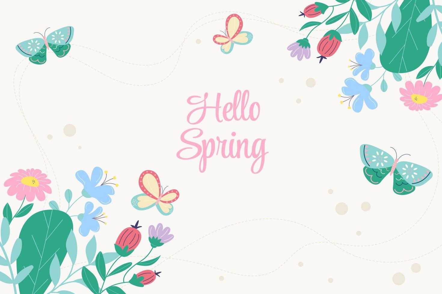 Hello spring. Spring background with butterflies and flowers vector