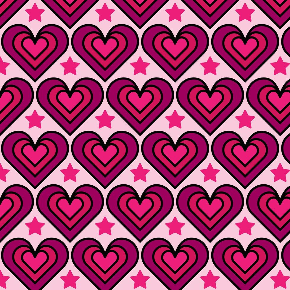 Seamless pattern with pink hearts and stars on white background. Vector illustration