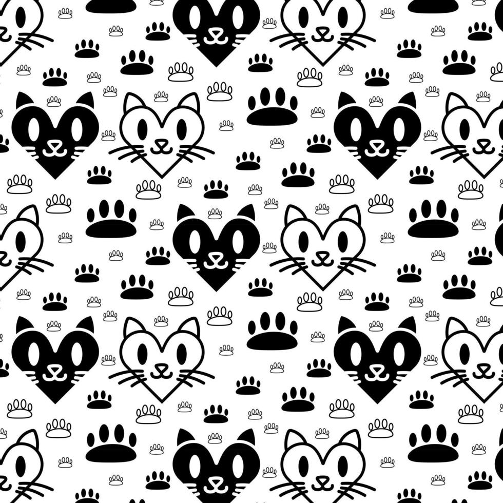 Pattern of Cartoon Cat Head and Heart Design on White Background vector