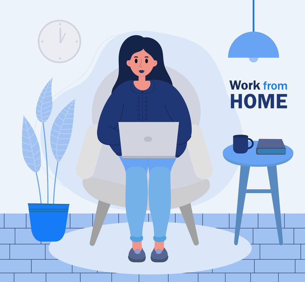 Girl with laptop on the chair. Freelance or studying concept. Cute illustration in flat style. vector