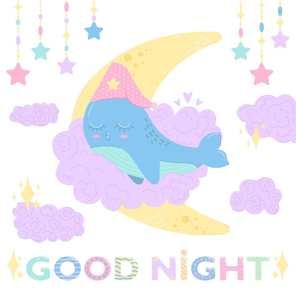 linda ballena durmiendo en la nube y la luna aislada en fondo blanco. buenas noches niños tarjeta de felicitación o postal, afiche. ilustración vectorial vector