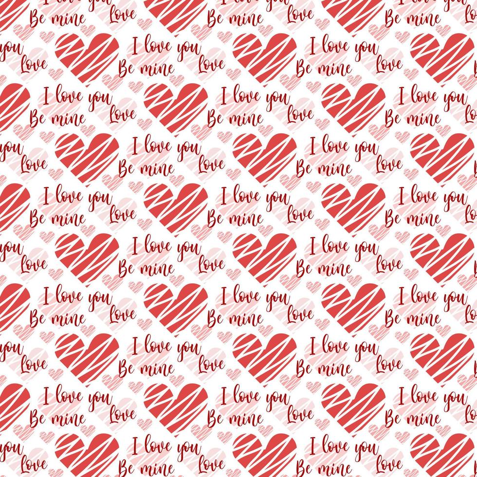 Repeating hearts, round dots and the handwritten word Love. Romantic seamless pattern. Endless girlish print. Drawn by hand, sketch, doodle. Cute vector illustration.