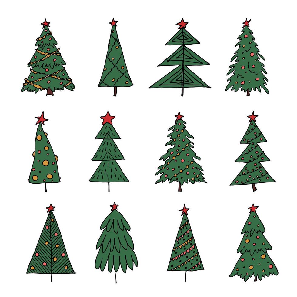 clipart dibujado a mano del árbol de navidad. conjunto de garabatos de abeto. elemento único para tarjeta, impresión, diseño, decoración vector