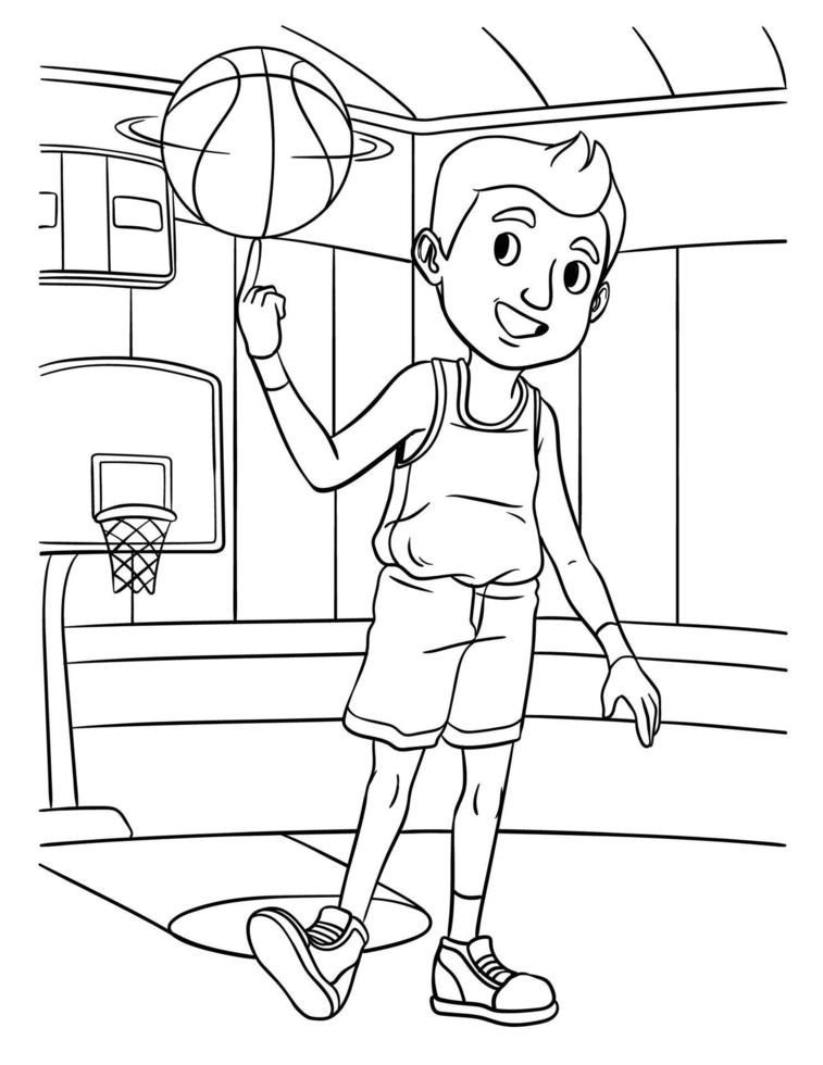 Basketball Boy Spinning the Ball Coloring Page vector