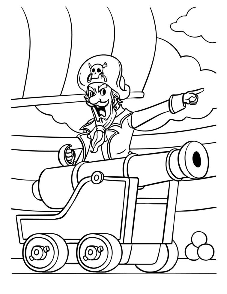 Pirate Captain with Cannon Coloring Page for Kids vector