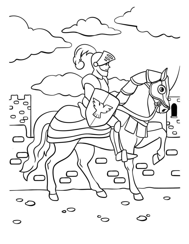 Knight on a Horse Coloring Page for Kids vector