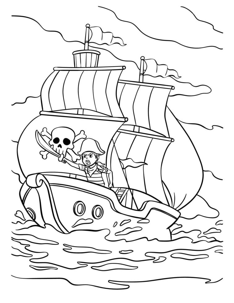 pagina para colorear de barco pirata para niños vector