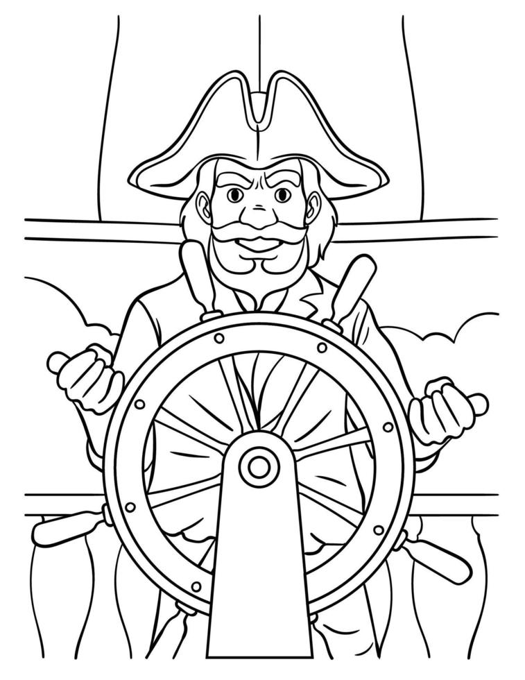 Pirate at the Helm Coloring Page for Kids vector