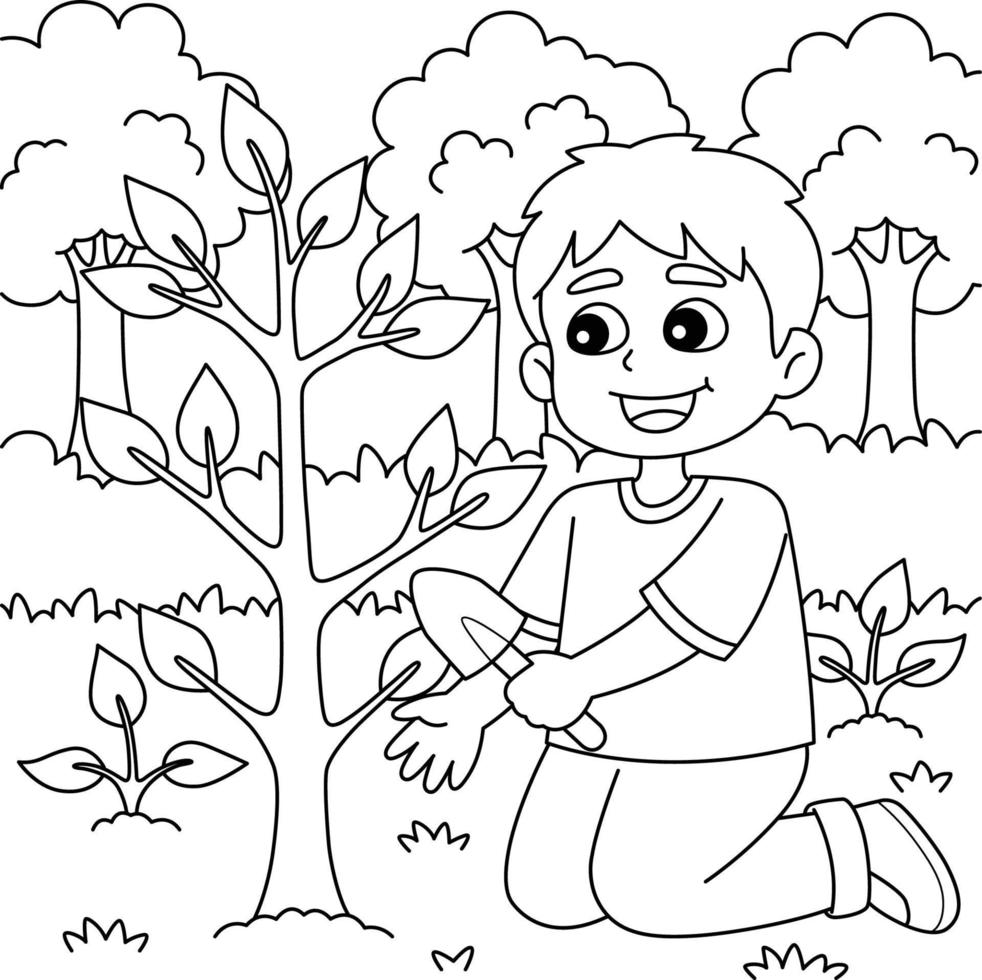 niño plantando árboles página para colorear para niños vector