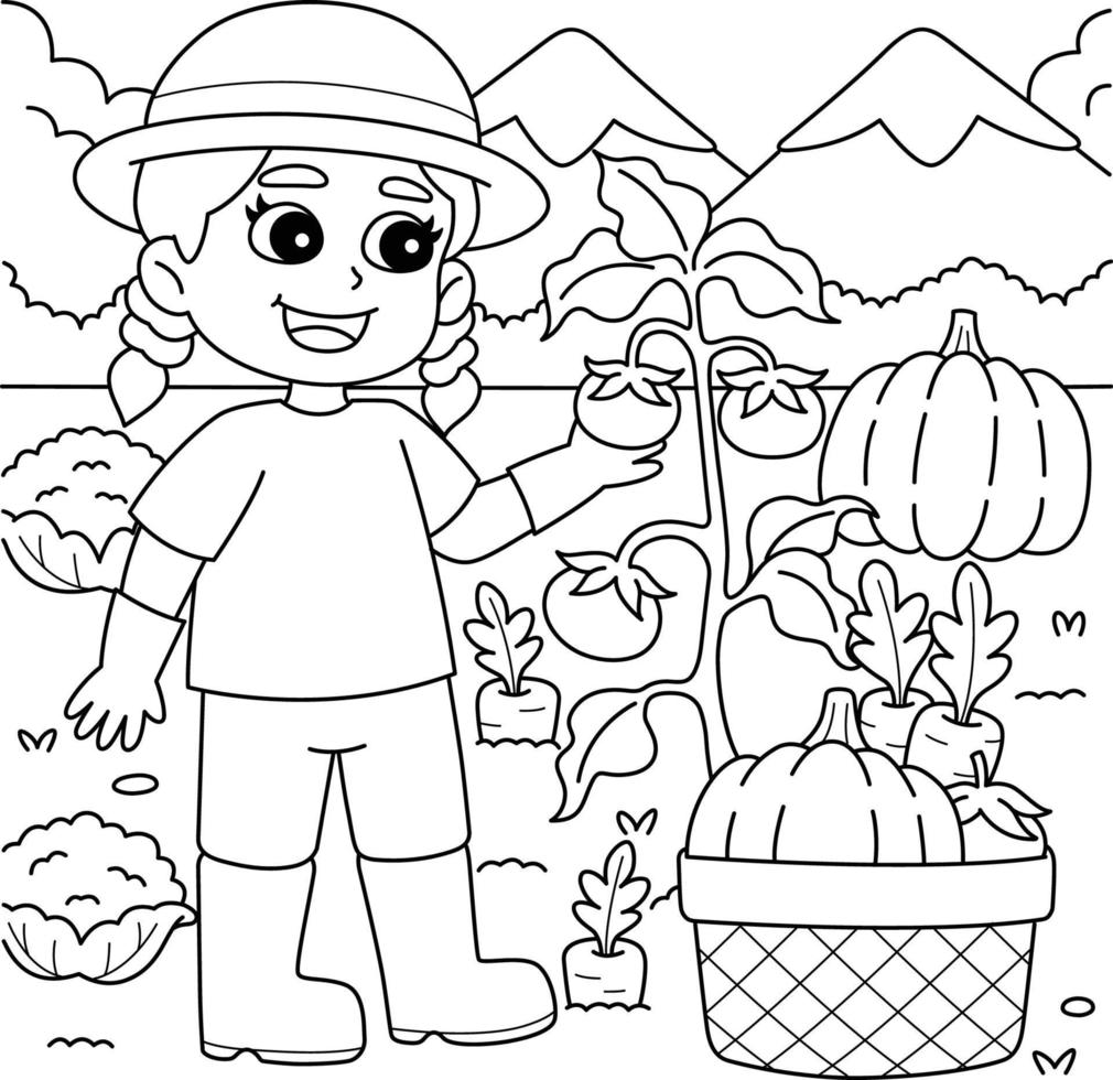 Niña plantando verduras página para colorear para niños vector