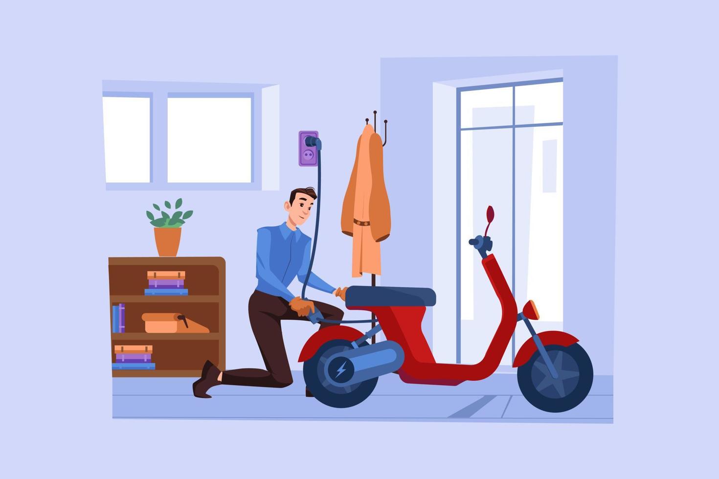 Man charges the electric bike at home vector