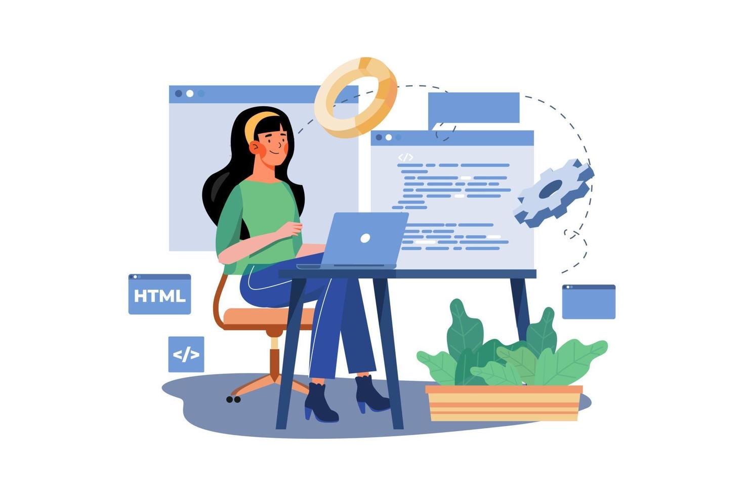 mujer programando en un concepto de ilustración de computadora portátil sobre fondo blanco vector