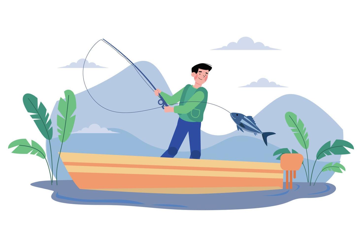 The Guy Is Fishing On The Boat vector