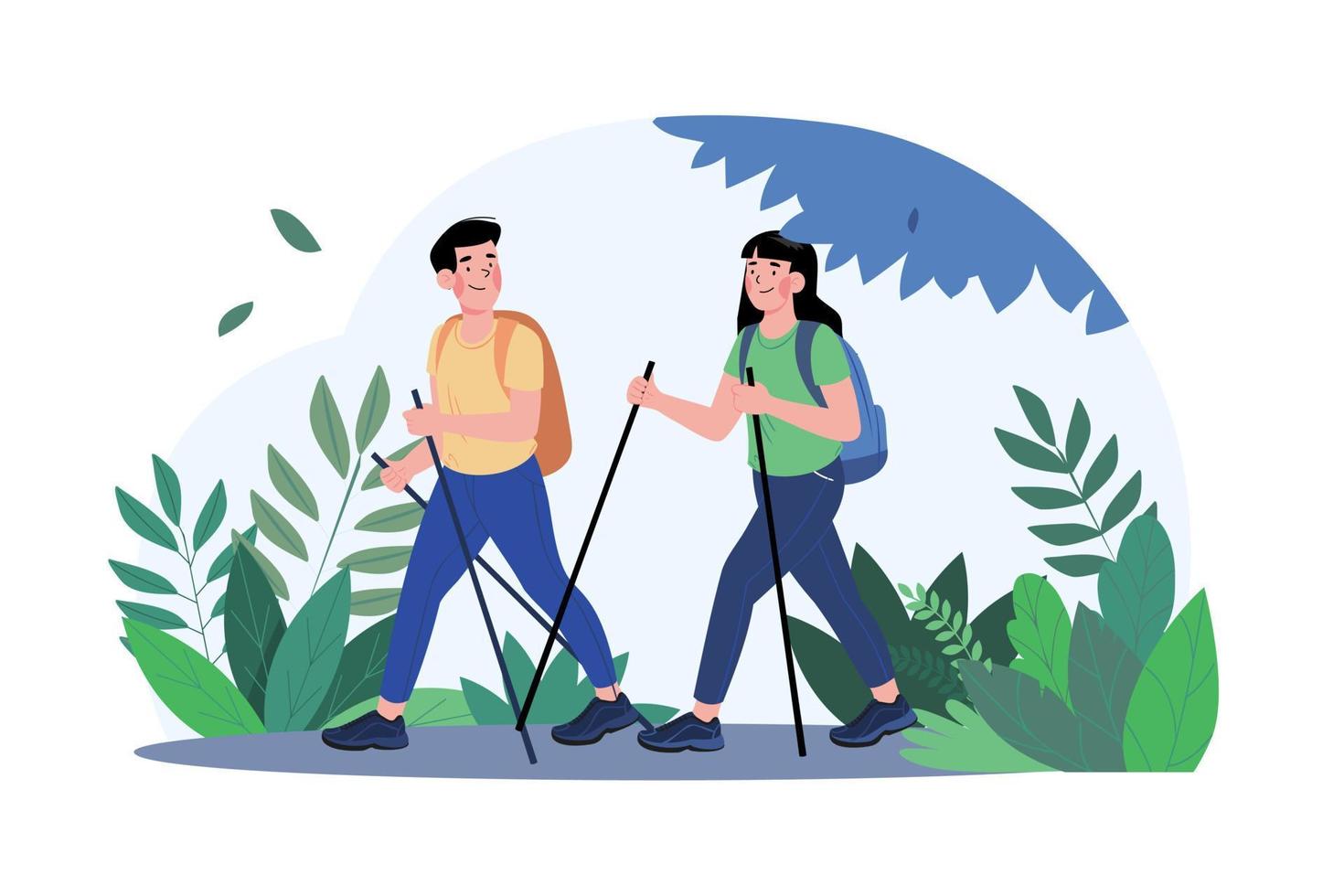 pareja caminando en el concepto de ilustración del bosque sobre fondo blanco vector