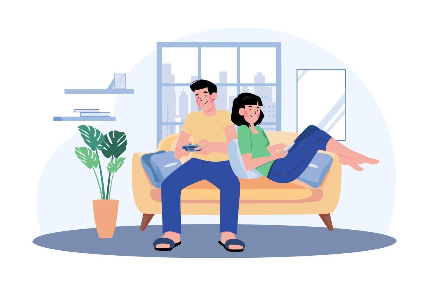 Young Couple Sitting On The Sofa Playing A Game vector