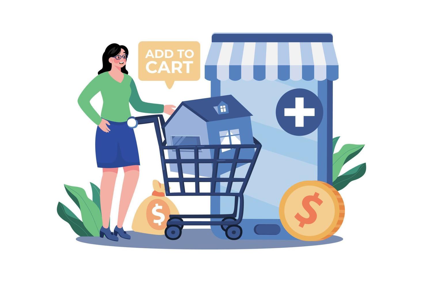A Girl Adds A House To Her Shopping Cart vector
