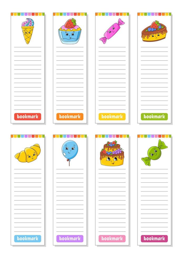 Set of paper bookmarks for books with cute cartoon characters. For kids. Isolated on white background. Vector illustration.