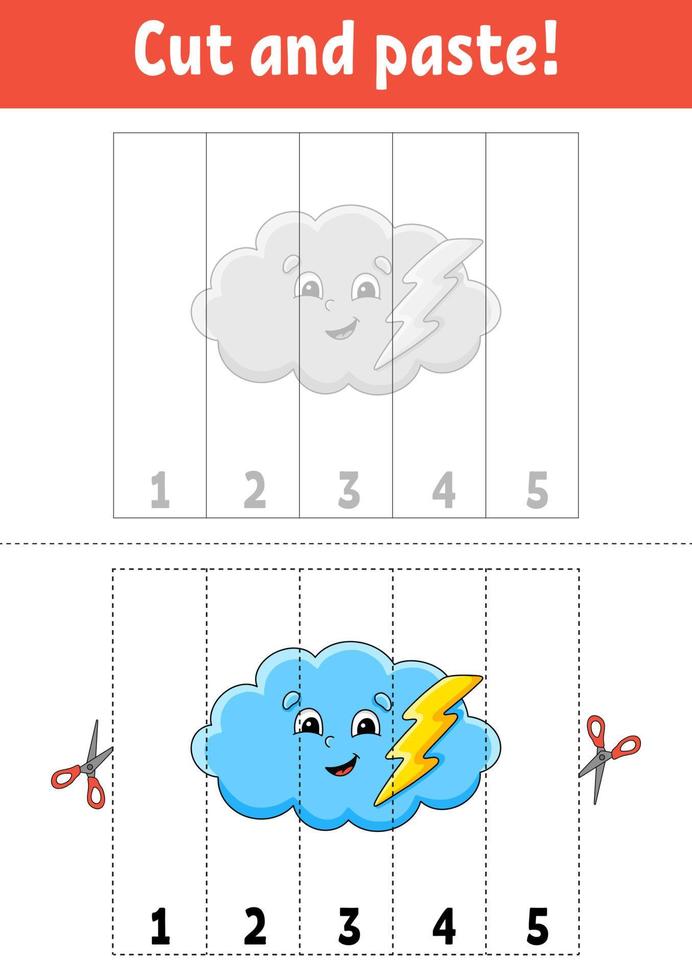 Learning numbers 1-5. Cut and glue. cartoon character. Education developing worksheet. Game for kids. Activity page. Vector illustration.