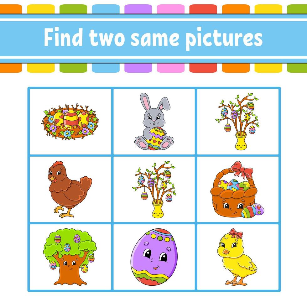 Find two same pictures. Task for kids. Education developing worksheet. Activity page. Color game for children. Easter theme. Funny character. Isolated vector illustration. cartoon style.