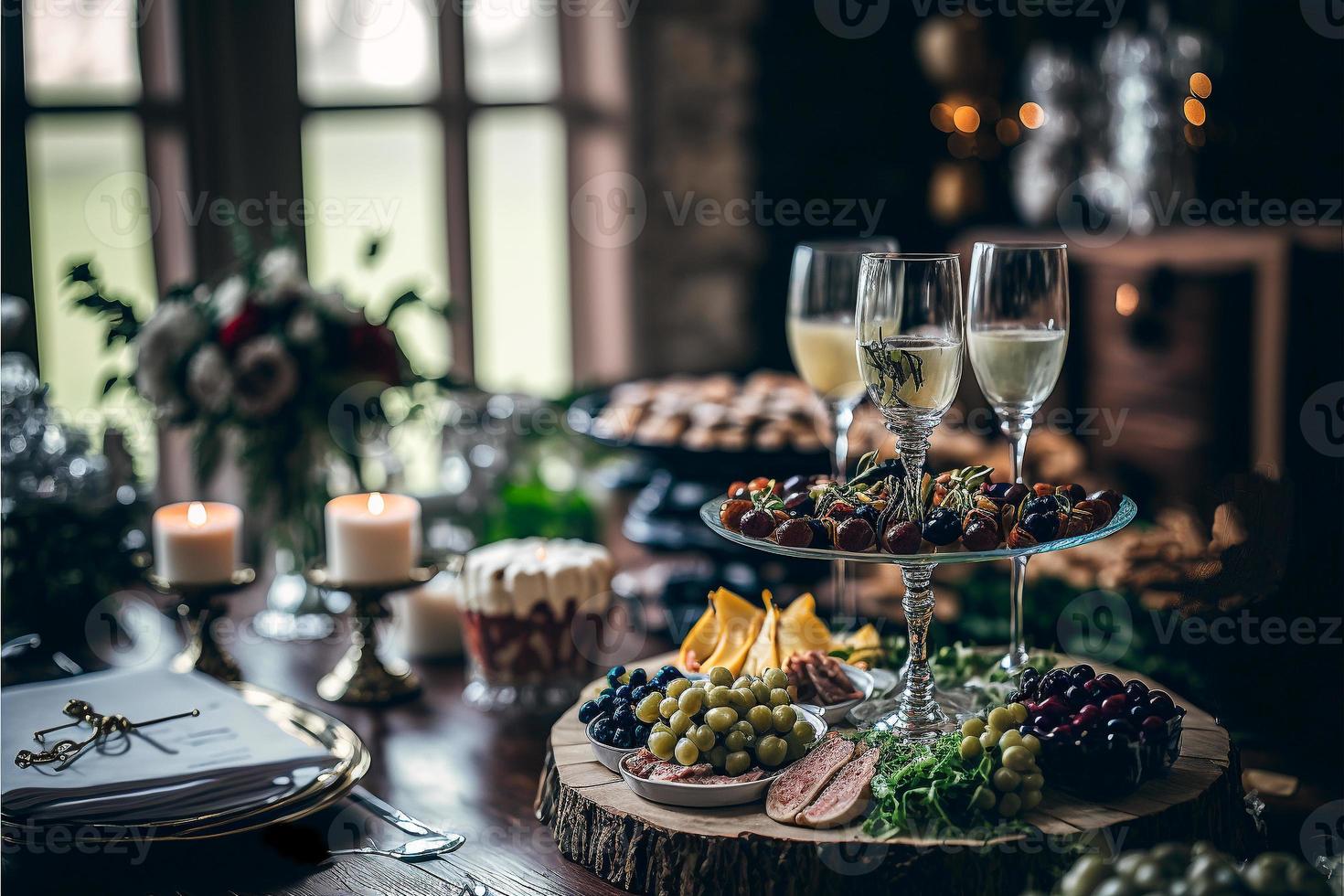 mesa de servicio de una variedad de deliciosa comida festiva y vino preparado para eventos o bodas foto