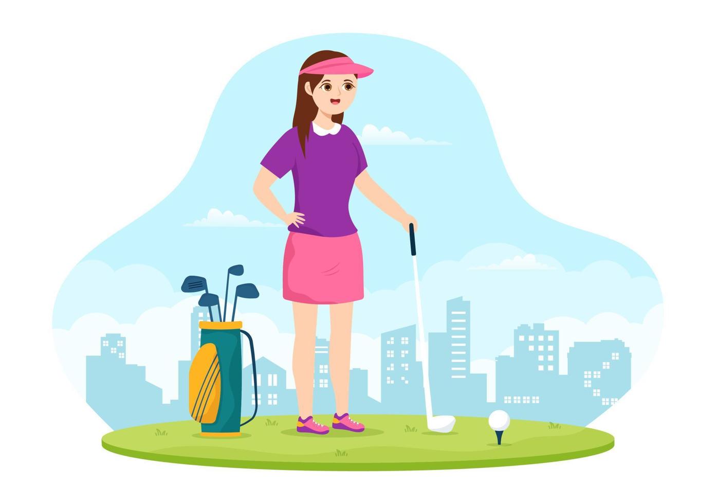 ilustración de deporte de golf con banderas, carro, palos, campo verde y búnker de arena para diversión al aire libre o estilo de vida en plantillas planas dibujadas a mano vector