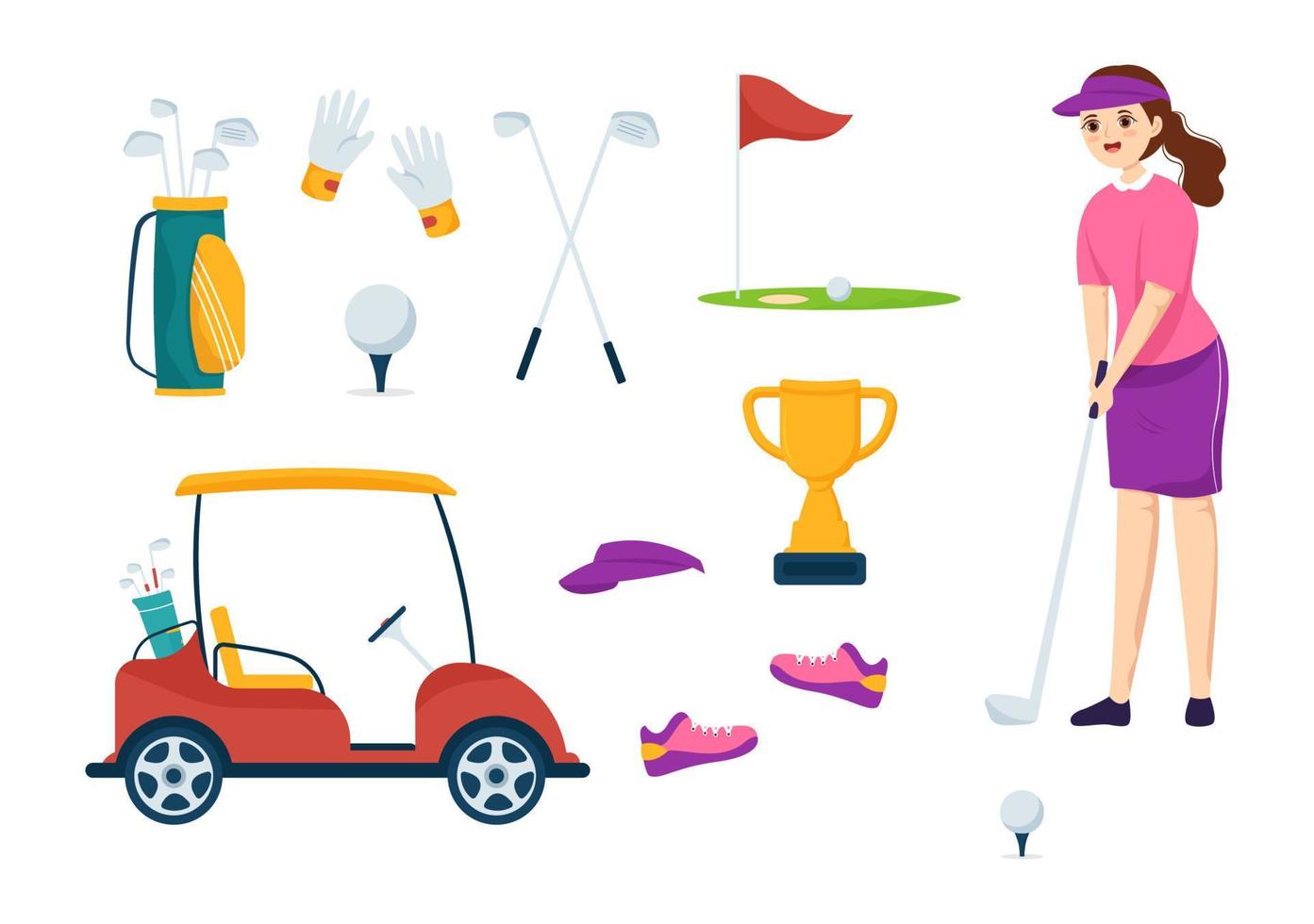 ilustración de deporte de golf con banderas, carro, palos, campo verde y búnker de arena para diversión al aire libre o estilo de vida en plantillas planas dibujadas a mano vector