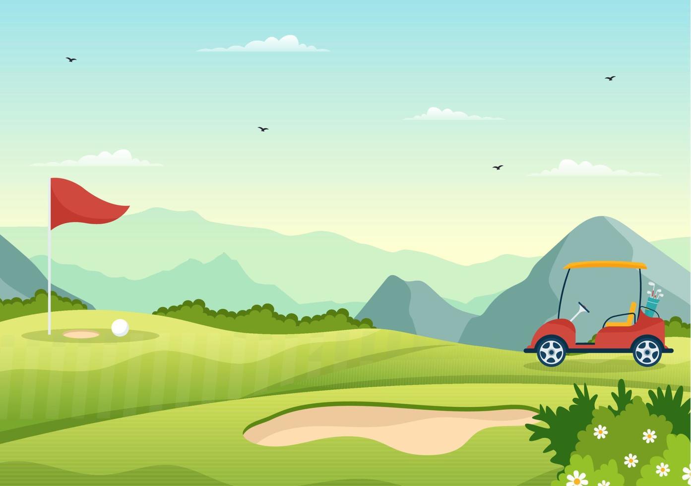 ilustración de deporte de golf con banderas, carro, palos, campo verde y búnker de arena para diversión al aire libre o estilo de vida en plantillas planas dibujadas a mano vector