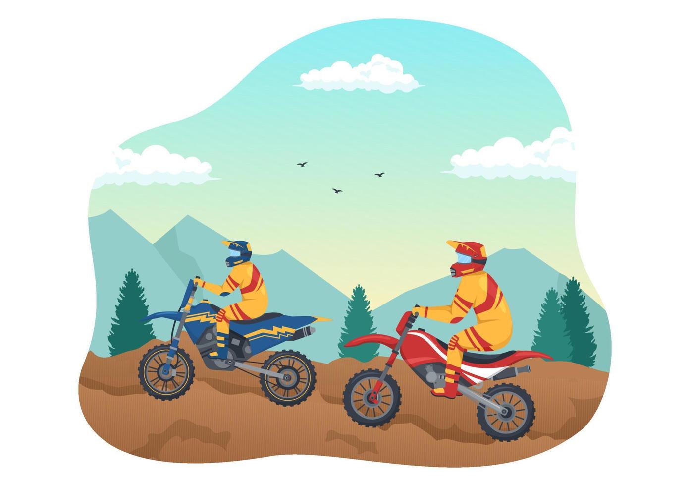 ilustración de motocross con un ciclista en bicicleta a través de barro, caminos rocosos y aventura en una plantilla dibujada a mano de dibujos animados planos de deporte extremo vector