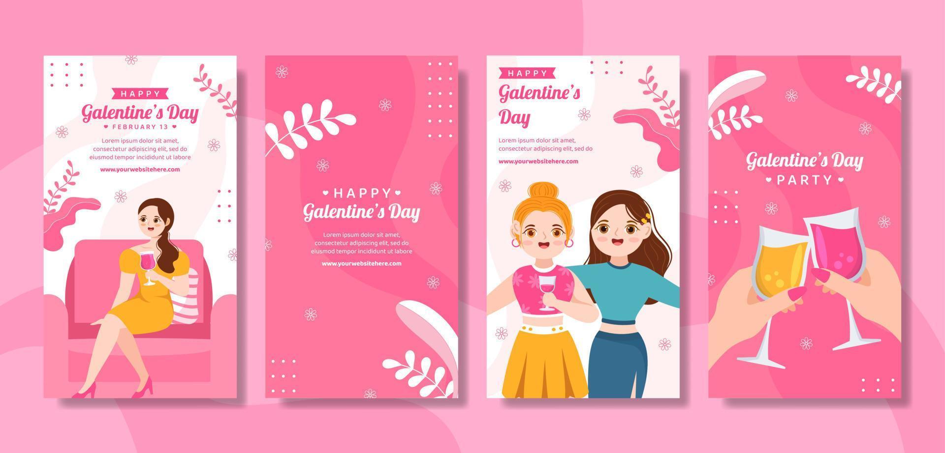 Happy Galentines Day Social Media Stories Flat Cartoon Hand Drawn Templates Illustration vector