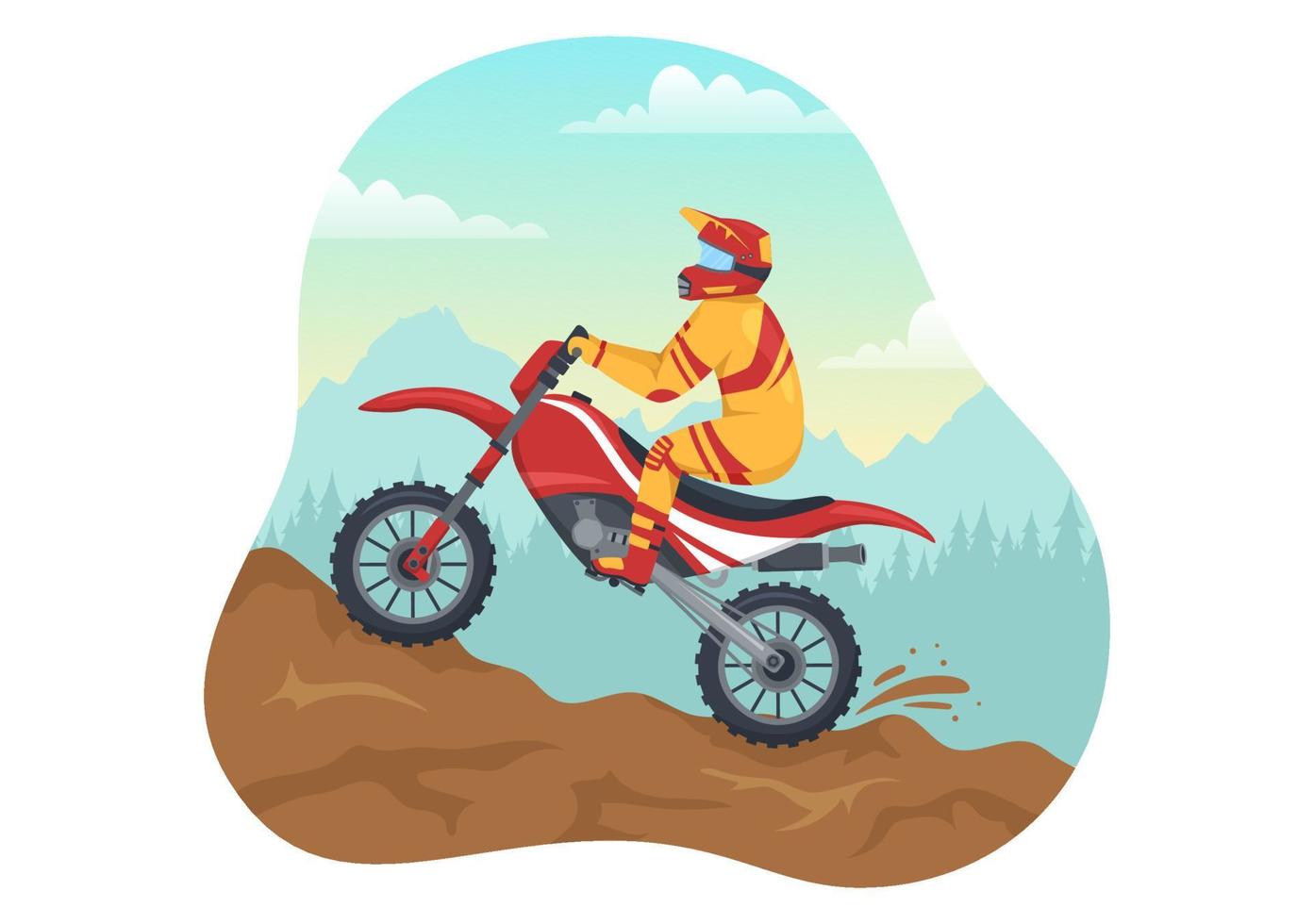 ilustración de motocross con un ciclista montando una bicicleta a través de barro, caminos rocosos y aventura en una plantilla dibujada a mano de dibujos animados planos de deportes extremos vector