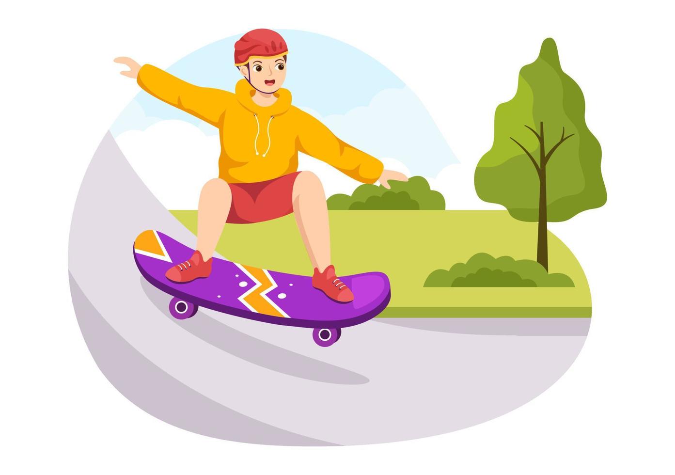 ilustración de patineta con patinadores saltando usando tablero en trampolín en skatepark en plantillas dibujadas a mano de dibujos animados de estilo plano de deporte extremo vector