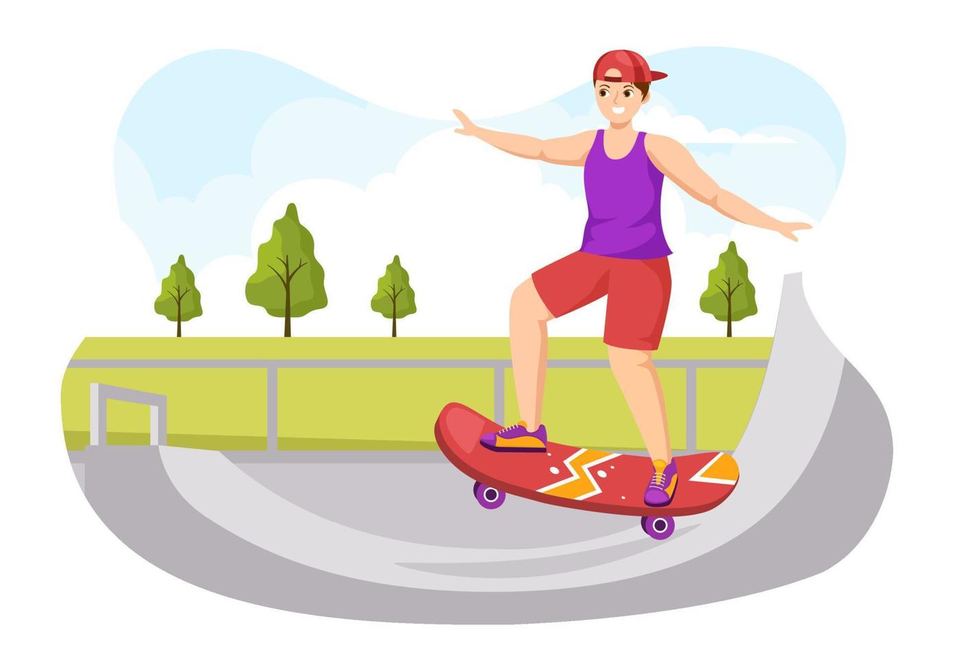Skateboard Illustration with Skateboarders Jump using Board on Springboard in Skatepark in Extreme Sport Flat Style Cartoon Hand Drawn Templates vector