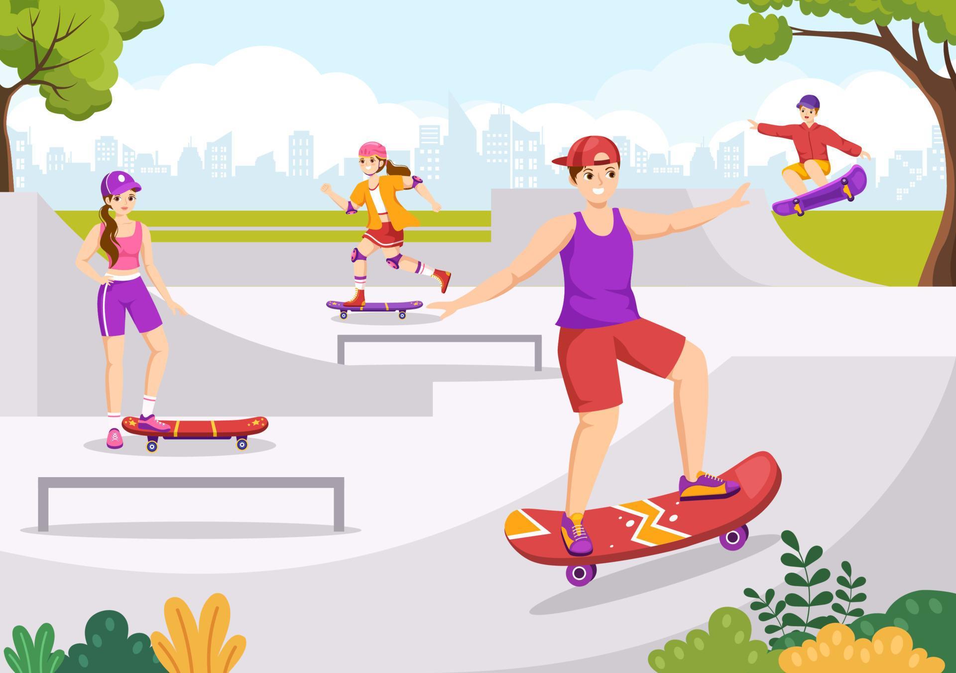 Skateboard Illustration with Skateboarders Jump using Board on Skateboard Illustration with Skateboarders Jump using Board on