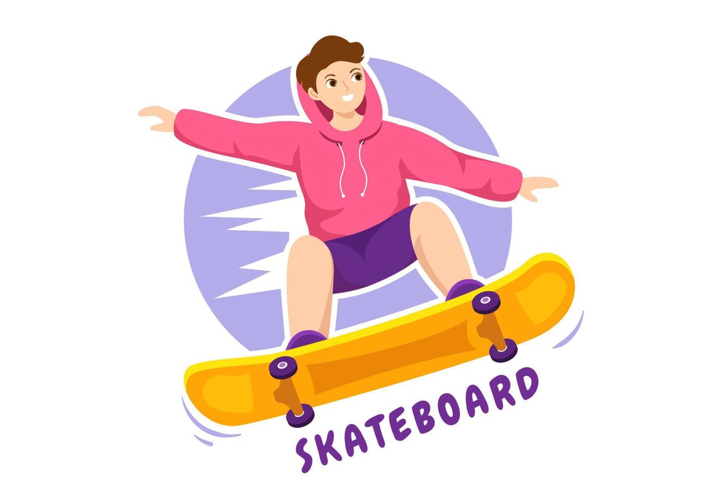 ilustración de patineta con patinadores saltando usando tablero en trampolín en skatepark en plantillas dibujadas a mano de dibujos animados de estilo plano de deporte extremo vector