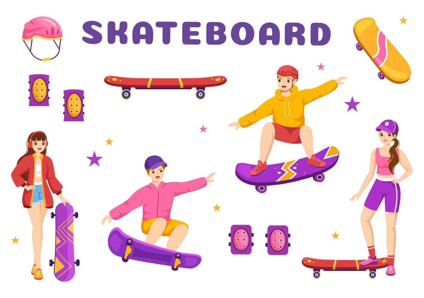 ilustración de patineta con patinadores saltando usando tablero en trampolín en skatepark en plantillas dibujadas a mano de dibujos animados de estilo plano de deporte extremo vector