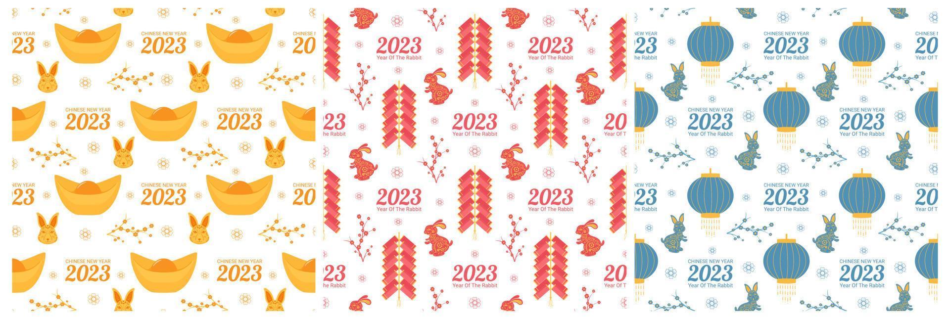 Set of Chinese Lunar New Year 2023 Day Seamless Pattern Decoration Template Hand Drawn Cartoon Flat Illustration vector