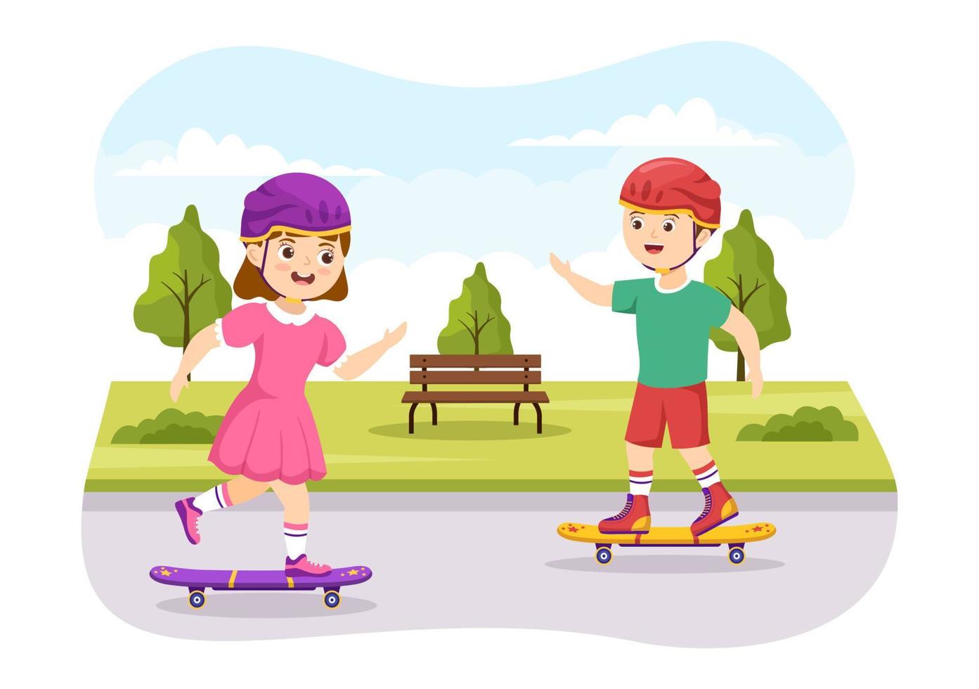 Skateboard Illustration with Kids Skateboarders Jump using Board on Springboard in Skatepark in Extreme Sport Flat Style Cartoon Hand Drawn Templates vector