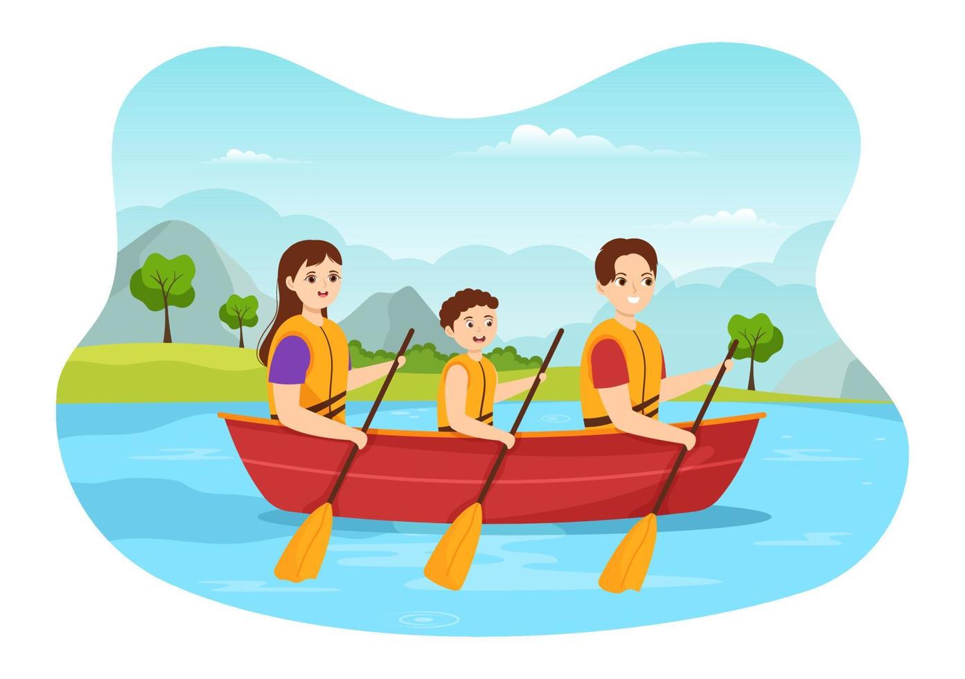 People Enjoying Rowing Illustration with Canoe and Sailing on River or Lake  in Active Water Sports Flat Cartoon Hand Drawn Template vector