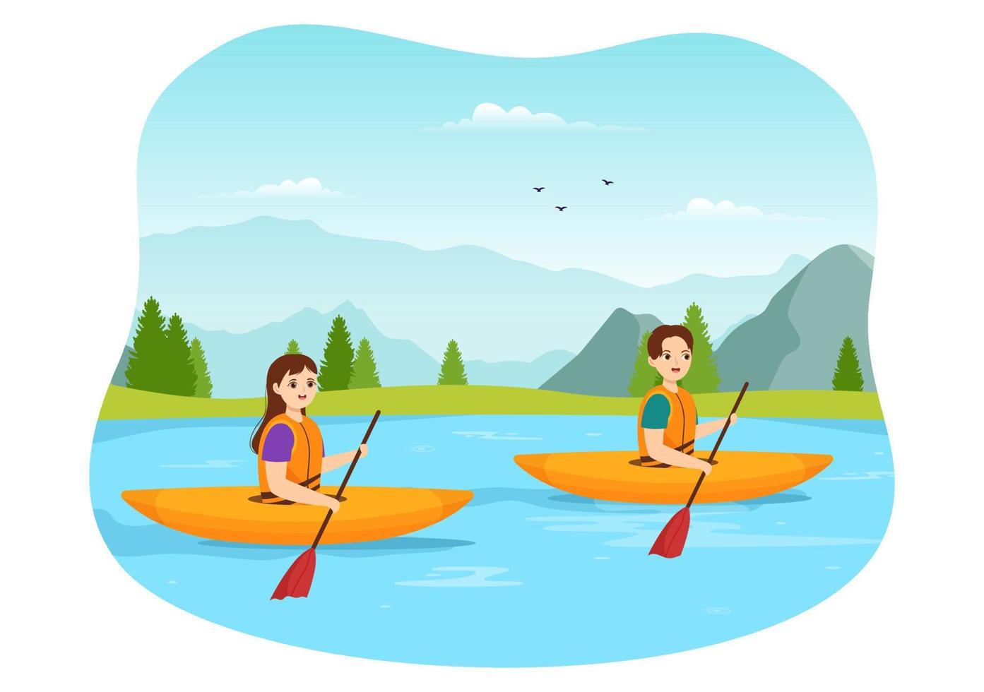 People Enjoying Rowing Illustration with Canoe and Sailing on River or Lake  in Active Water Sports Flat Cartoon Hand Drawn Template vector
