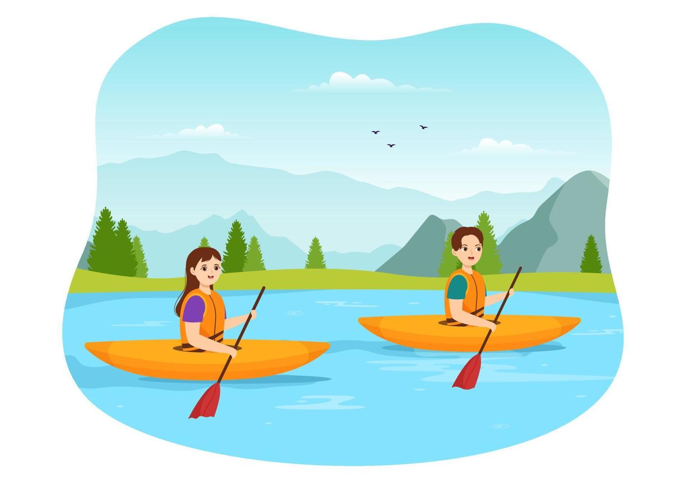 gente disfrutando de la ilustración de remo con canoa y navegando en un río o lago en una plantilla dibujada a mano de dibujos animados planos de deportes acuáticos activos vector