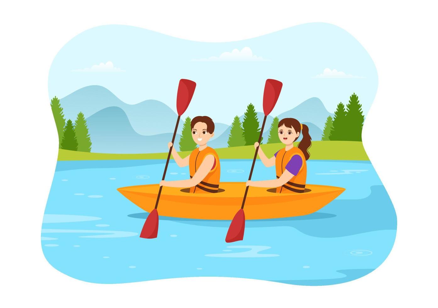 gente disfrutando de la ilustración de remo con canoa y navegando en un río o lago en una plantilla dibujada a mano de dibujos animados planos de deportes acuáticos activos vector