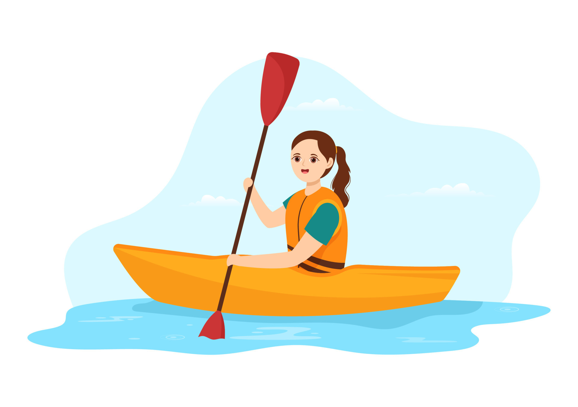 People Enjoying Rowing Illustration with Canoe and Sailing on River or