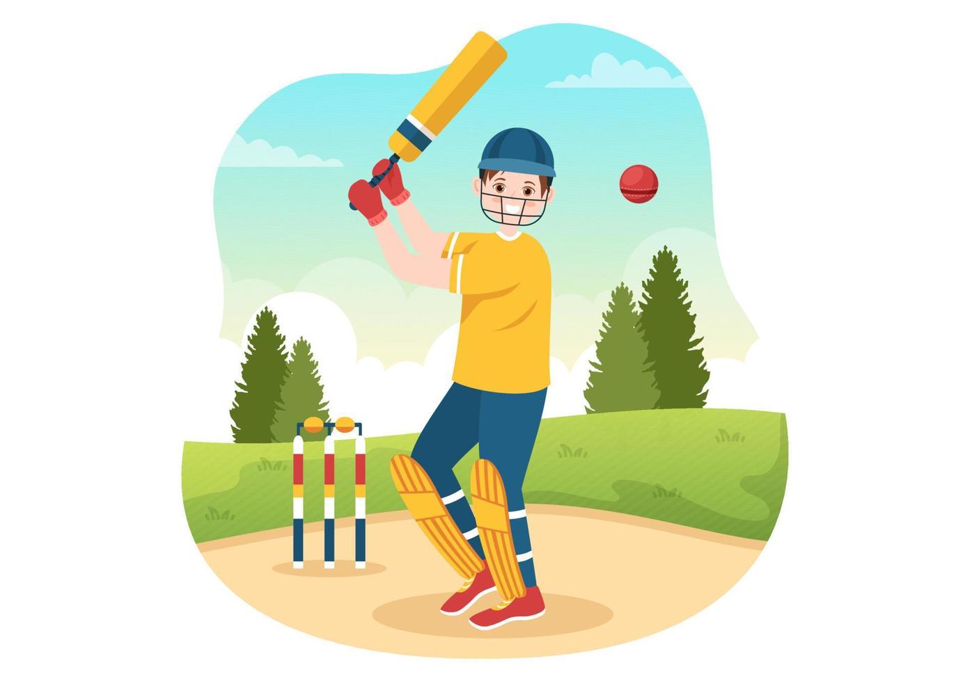 Batsman Playing Cricket Sport Illustration with Bat and Balls in the Field for Championship in Flat Cartoon Hand Drawn Templates vector
