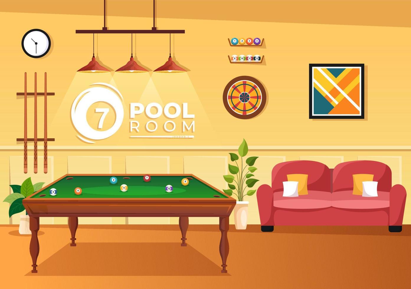 Billiards Game Illustration with Player Pool Room with Stick, Table and Billiard Balls in Sports Club in Flat Cartoon Hand Drawn Templates vector