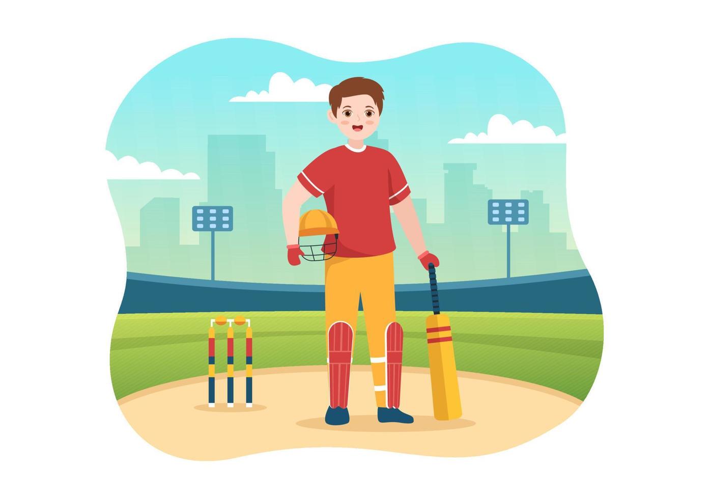 bateador jugando ilustración de deporte de cricket con bate y pelotas en el campo para el campeonato en plantillas planas dibujadas a mano de dibujos animados vector