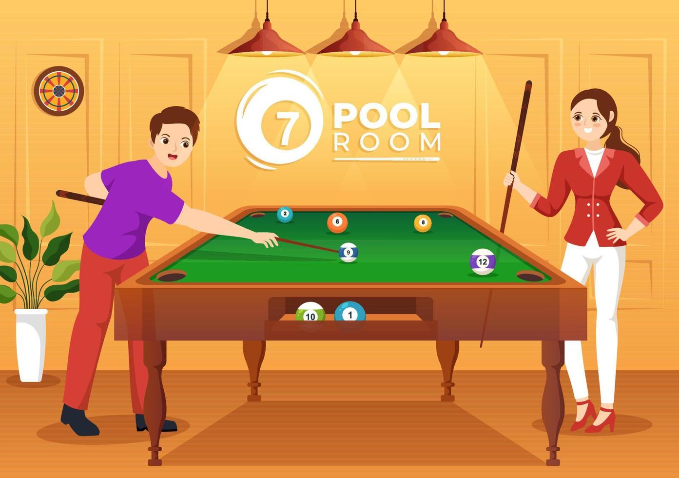 Billiards Game Illustration with Player Pool Room with Stick, Table and Billiard Balls in Sports Club in Flat Cartoon Hand Drawn Templates vector