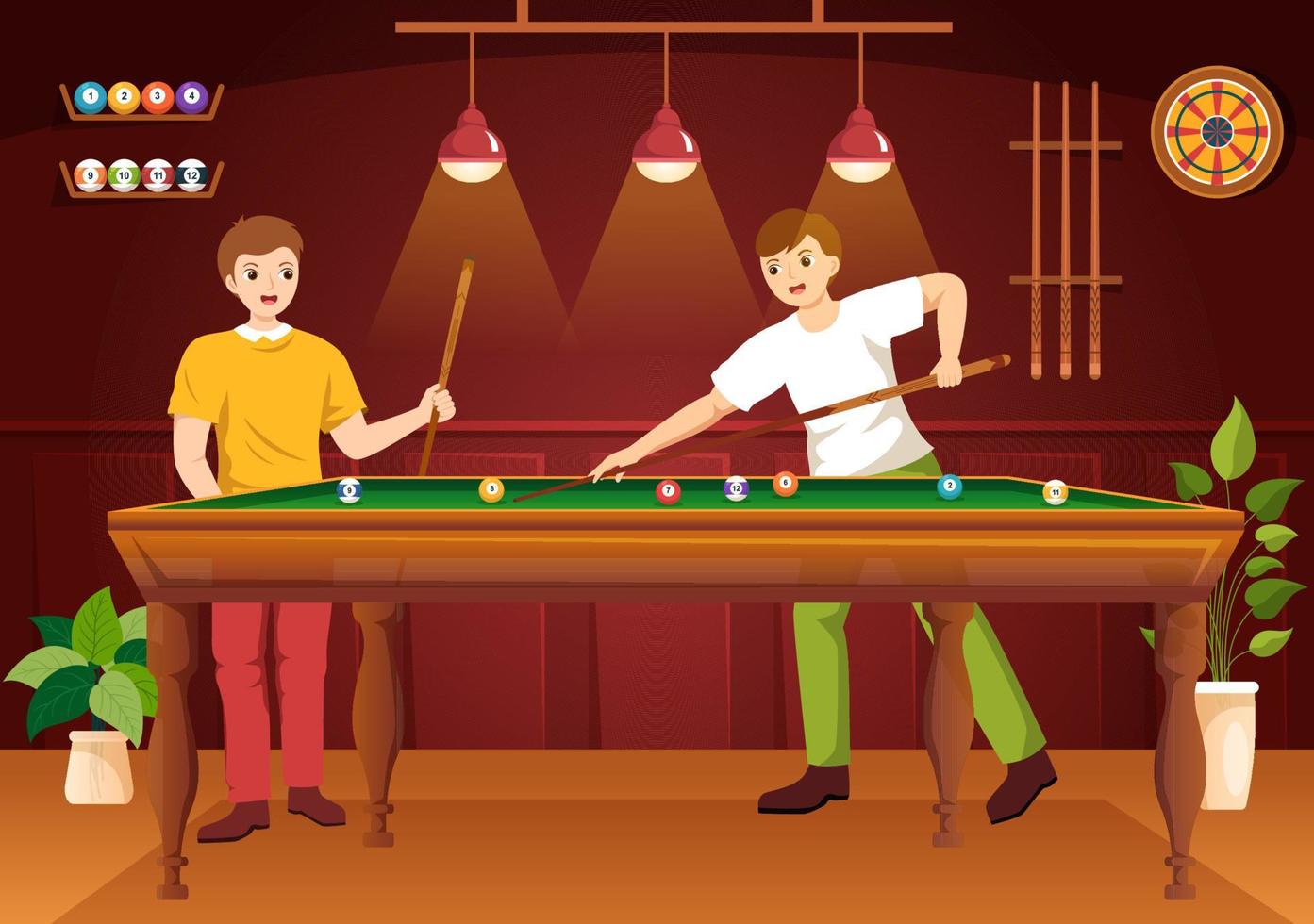 ilustración de juego de billar con sala de billar de jugador con palo, mesa y bolas de billar en club deportivo en plantillas planas dibujadas a mano de dibujos animados vector