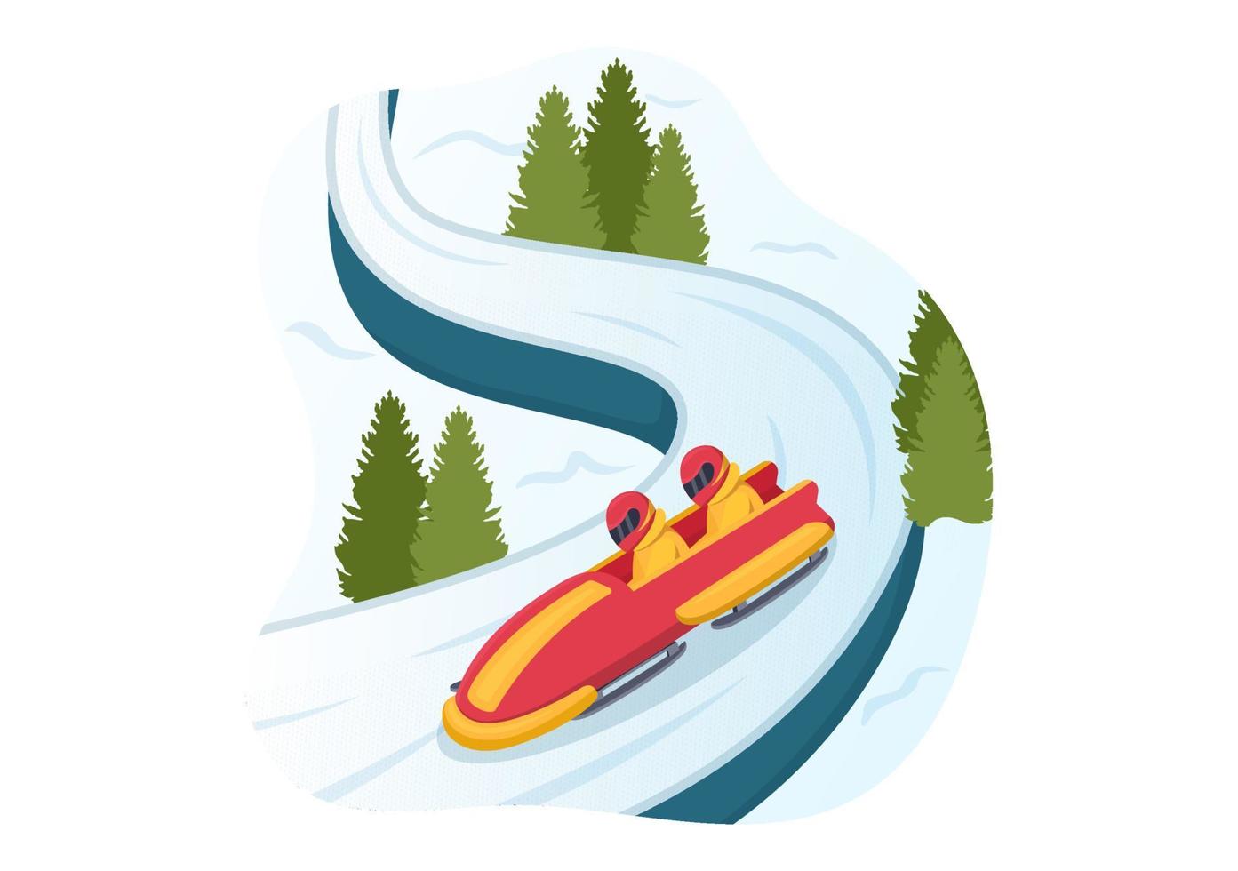 atleta montando trineo bobsleigh ilustración con nieve, hielo y pista de trineo para la competencia en actividades deportivas de invierno dibujos animados planos plantillas dibujadas a mano vector